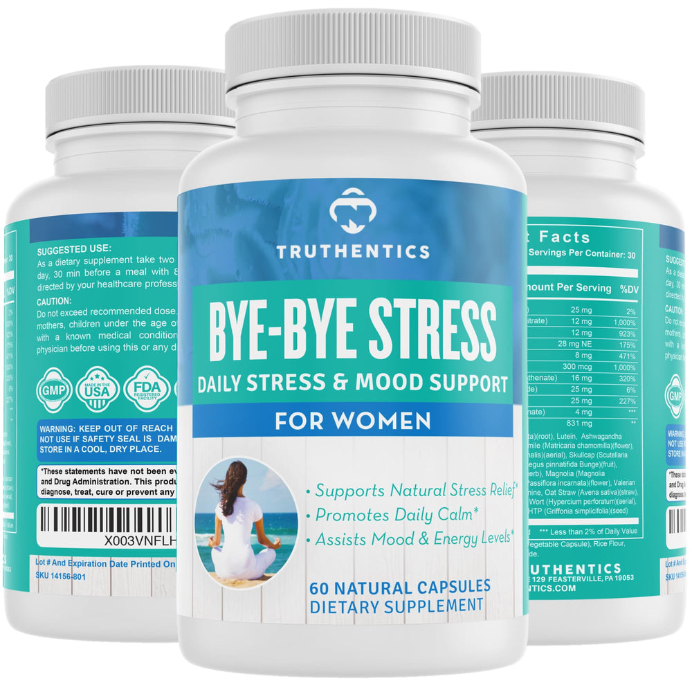 TRUTHENTICS Bye-Bye Stress bottle front shows vegan mood support formula for daily calm