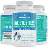 TRUTHENTICS Bye-Bye Stress bottle front shows vegan mood support formula for daily calm