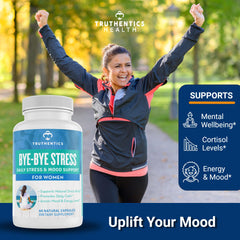 TRUTHENTICS Bye-Bye Stress capsules closeup highlights easy-to-swallow vegan capsules for daily balance