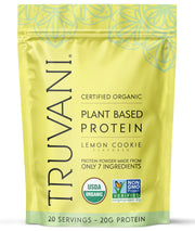 Truvani Lemon Cookie protein canister highlighting organic pea protein for clean shakes