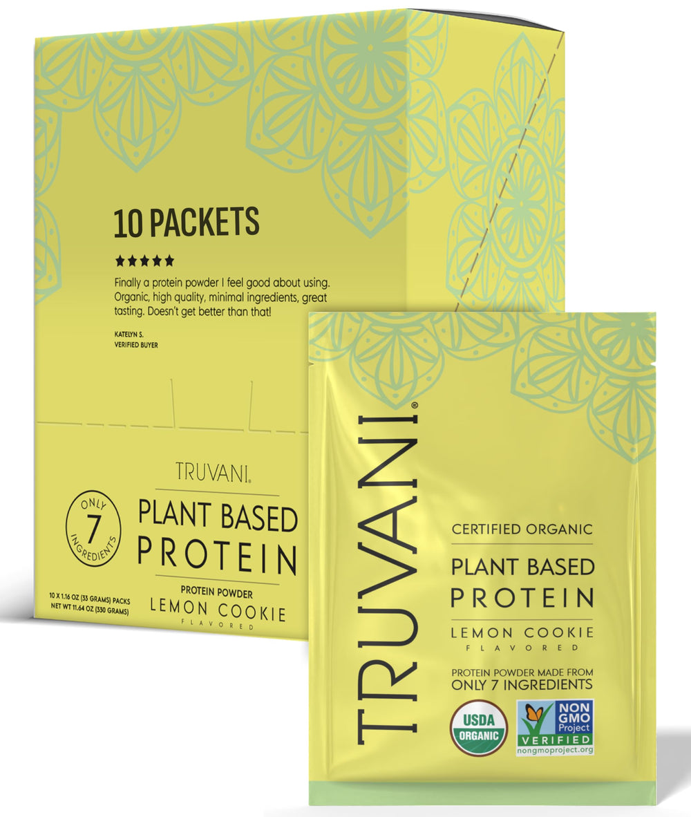 Truvani Lemon Cookie protein powder tub highlighting premium organic plant protein.