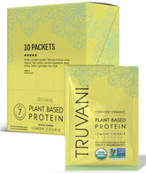 Truvani Lemon Cookie protein powder tub highlighting premium organic plant protein.
