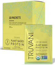 Truvani Lemon Cookie protein powder tub highlighting premium organic plant protein.
