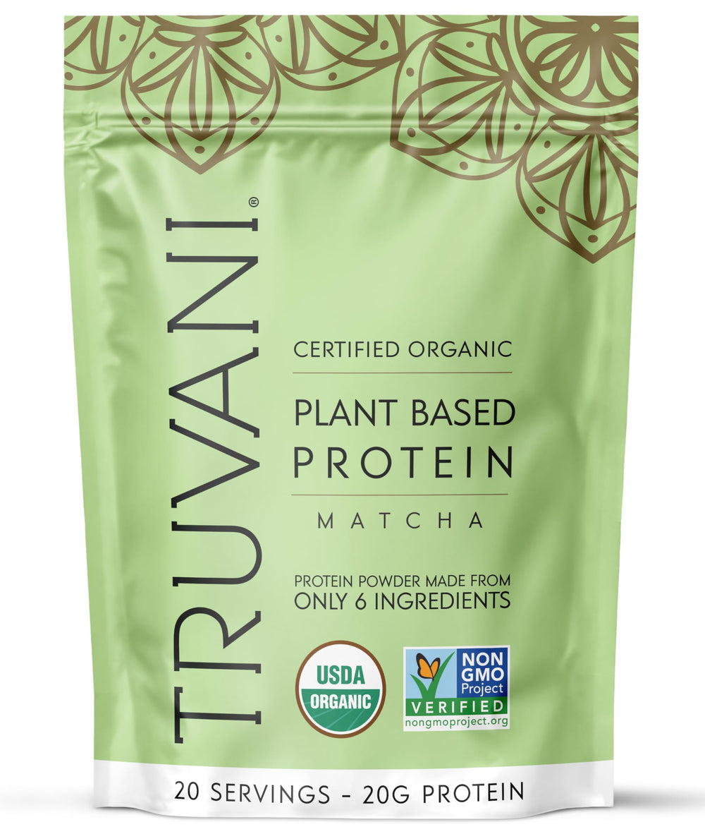 Truvani Matcha Pea Protein bottle pour for an energizing smoothie