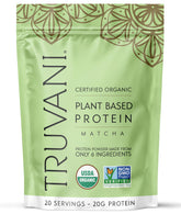 Truvani Matcha Pea Protein bottle pour for an energizing smoothie