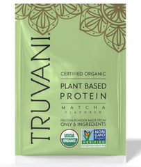 Truvani Matcha pea protein powder jar showing premium organic ingredients for clean nutrition