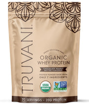 Truvani Organic Whey Protein canister in chocolate peanut butter flavor for post-workout fuel.