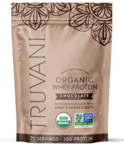 Truvani Organic Whey Protein Powder chocolate tub front with grass-fed organic protein badge