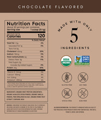Truvani Organic Whey Protein Powder chocolate tub side label, non-GMO and gluten-free