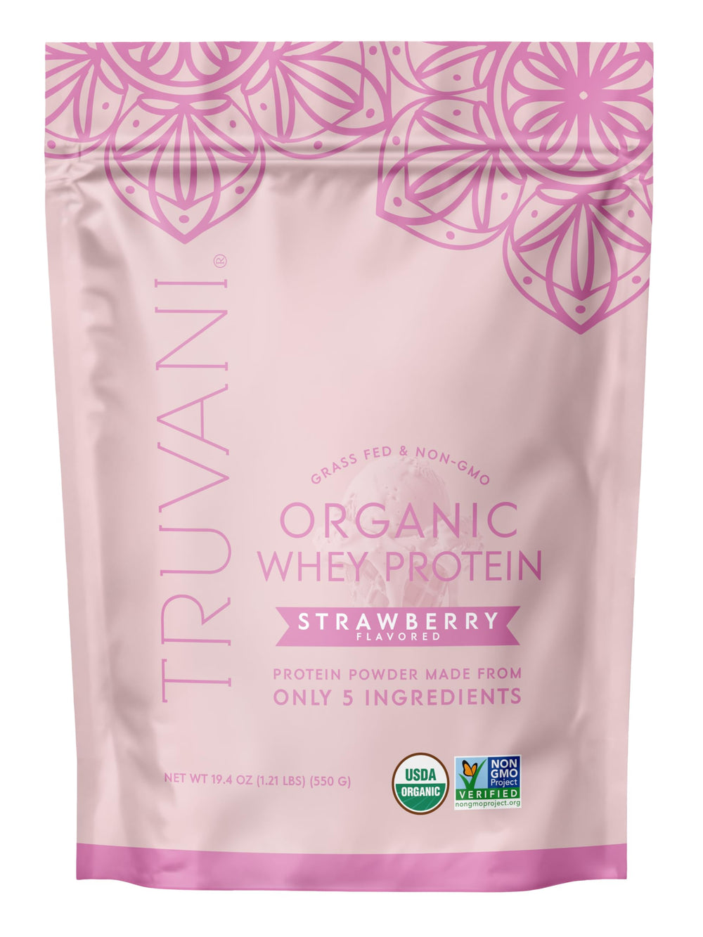 Truvani Organic Whey Strawberry tub front for clean-label protein on the go