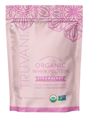 Truvani Organic Whey Strawberry tub front for clean-label protein on the go