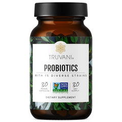 Truvani Probiotic bottle close-up for convenient daily digestion support.