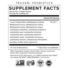 Truvani probiotic capsules detail highlighting diverse strains for gut balance.