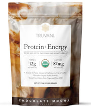 Truvani protein-energy-drink-mix chocolate mocha bottle for on-the-go energy.