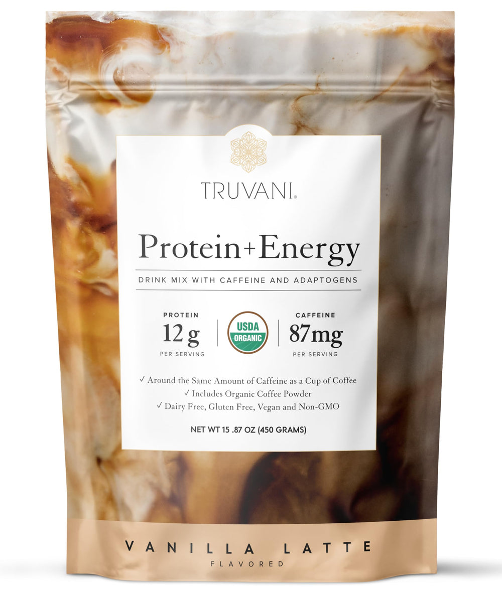 Truvani Protein and Energy Drink Mix vanilla latte bottle demonstrates clean energy.