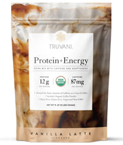Truvani Protein and Energy Drink Mix vanilla latte bottle demonstrates clean energy.