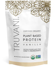 Truvani vanilla pea protein powder tub highlighting organic ingredients and clean nutrition.