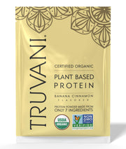 Truvani Vegan Pea Protein powder scoop; ideal for fast smoothies.