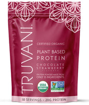 Truvani vegan pea protein powder chocolate strawberry bottle, ideal for post-workout recovery.