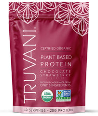 Truvani vegan pea protein powder chocolate strawberry bottle, ideal for post-workout recovery.