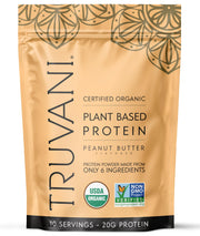 Truvani vegan pea protein peanut butter bottle showing clean, plant-based nutrition for keto lifestyles.