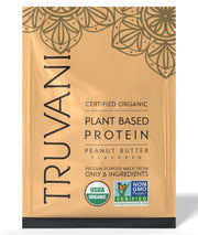 Truvani vegan pea protein powder with peanut butter flavor ready to blend into smoothies for sustained energy