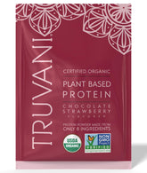 Truvani vegan pea protein powder pours into a glass for a smoothie, emphasizing dairy-free nutrition