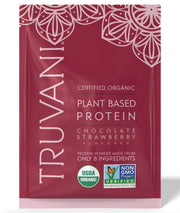 Truvani vegan pea protein powder pours into a glass for a smoothie, emphasizing dairy-free nutrition