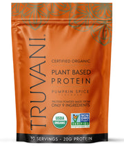 Truvani Vegan Pea Protein Powder pumpkin spice tub front offering plant-based protein for daily workouts.