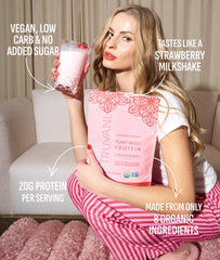 Truvani strawberry shake glass emphasizes keto-friendly, dairy-free protein with low carbs