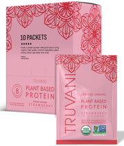Truvani vegan pea protein strawberry single-serve packet for on-the-go protein boost