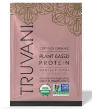 Truvani vegan pea protein vanilla chai canister showing clean, plant-based nutrition