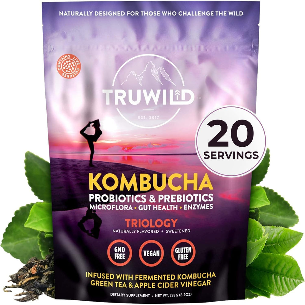 TruWild kombucha powder bottle showing convenient probiotic support for gut balance
