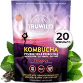 TruWild kombucha powder bottle showing convenient probiotic support for gut balance