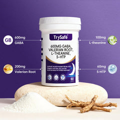 TrySafe 600mg GABA capsules highlight core formula for relaxation.