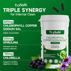 TrySafe spirulina capsules highlighting a sea-green superfood for energy and digestion