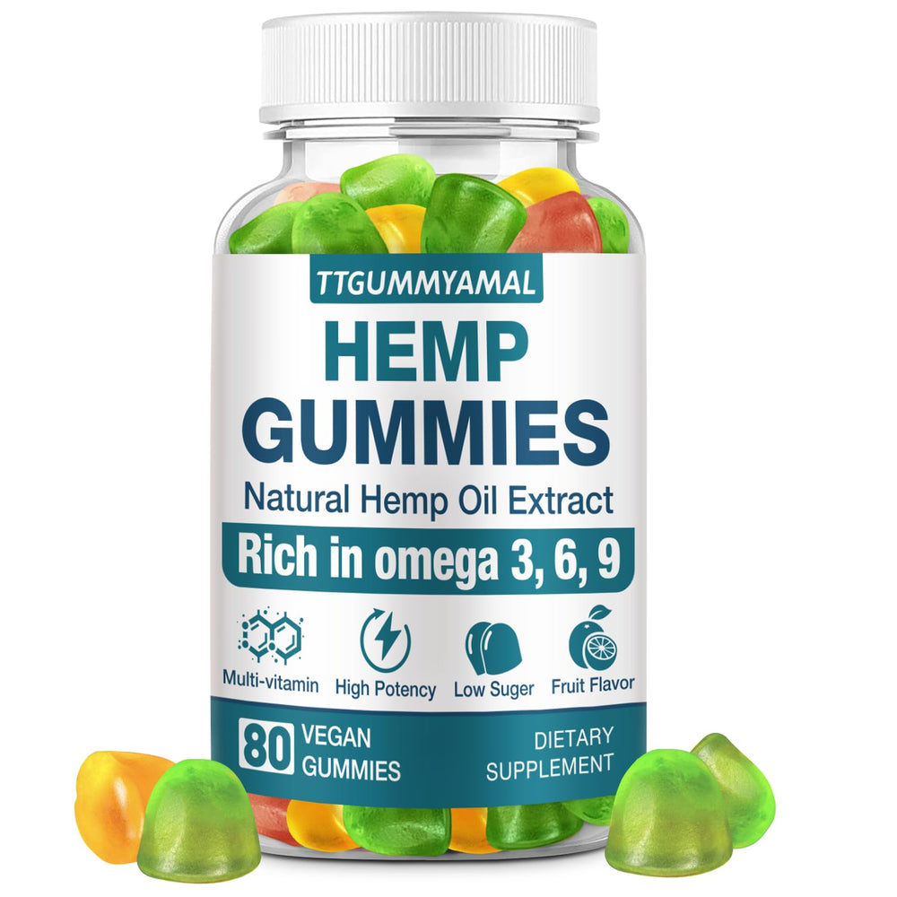 TTGUMMYAMAL hemp gummies bottle close-up showing calming support and restful sleep potential