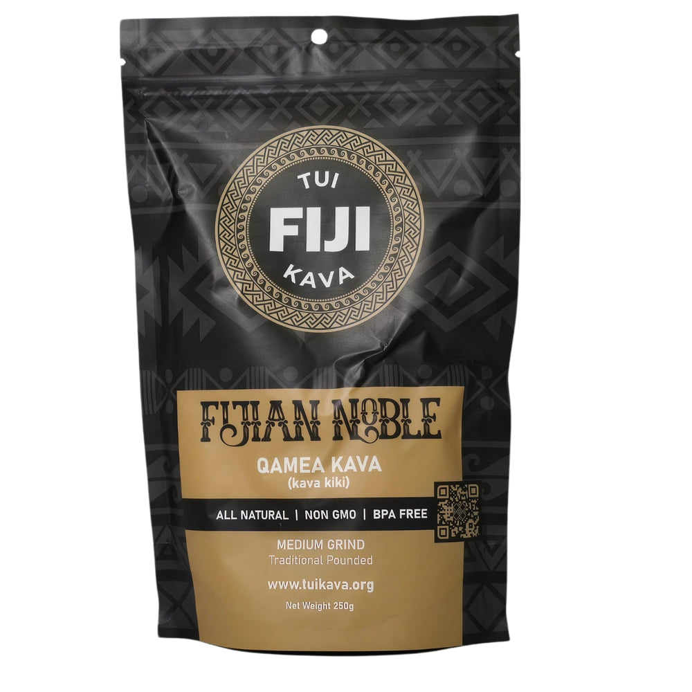 TUI KAVA Premium Wellness Kava packaging shows authentic Fiji noble root powder for rituals.