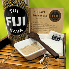 Strainer bag ready beside TUI KAVA for a clean, smooth beverage.