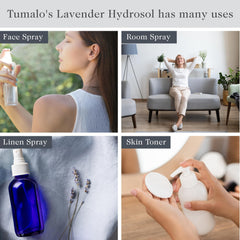 Tumalo Lavender bottle close-up among blooms highlights gentle relaxation scent.