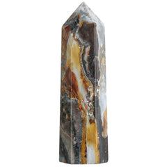 TUMBEELLUWA Mexico Agate hexagonal tower, 81-90 mm, ideal for meditation and balance.