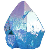 TUMBEELLUWA titanium-coated blue AB crystal cluster with iridescent rainbow hues for display.