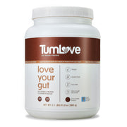 TumLove Vegan Protein Powder chocolate tub showcasing gut-friendly formula for daily protein