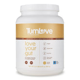 TumLove vegan protein powder tub front view; gluten-free and gut-friendly.