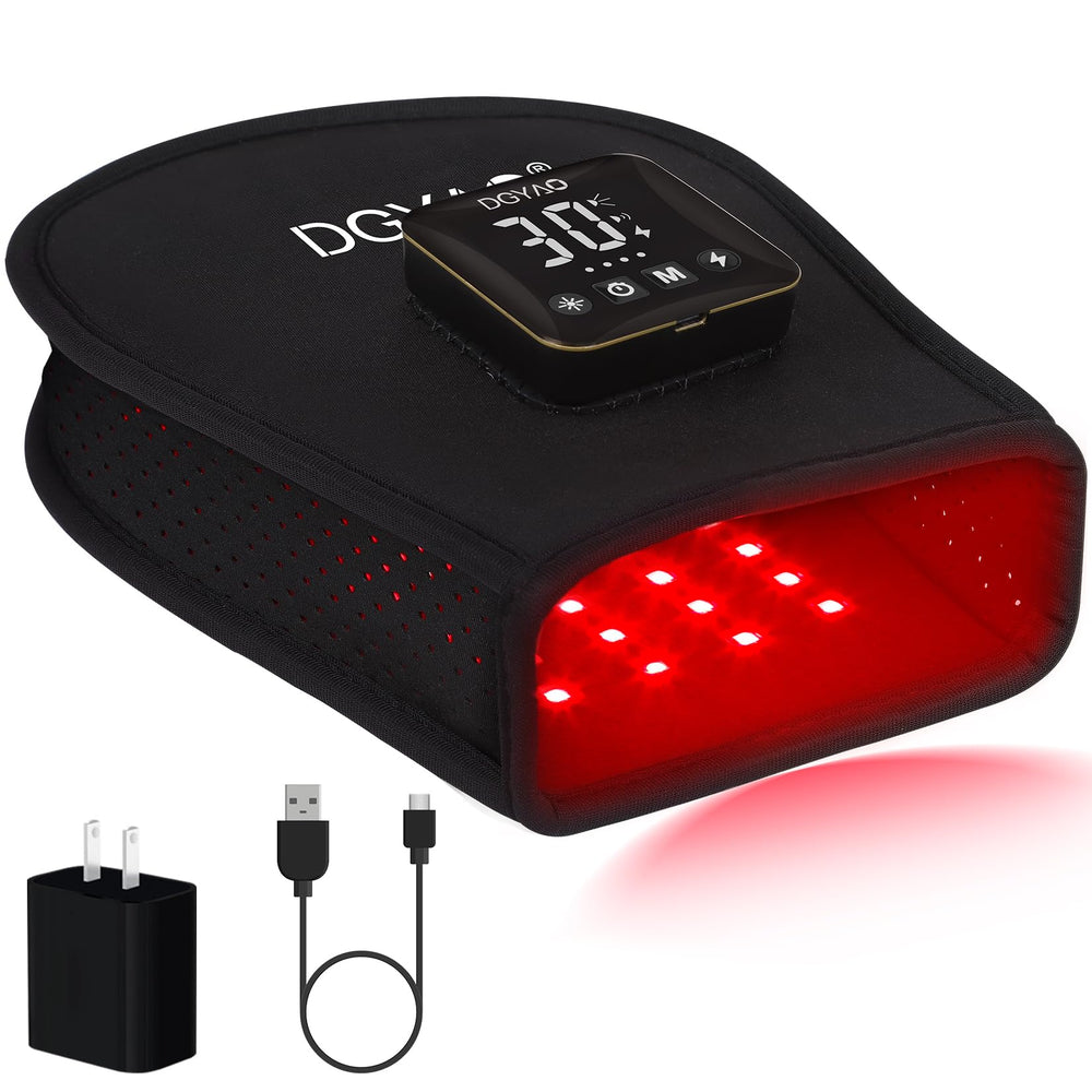 TUOYR hand therapy device glows red and infrared for targeted relief on the hand.