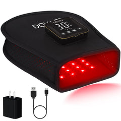 TUOYR hand therapy device glows red and infrared for targeted relief on the hand.