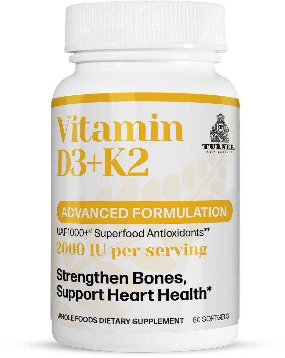 TURNER Vitamin D3 and K2 bottle front showing 60 softgels for daily support