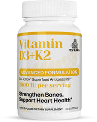 TURNER Vitamin D3 and K2 bottle front showing 60 softgels for daily support