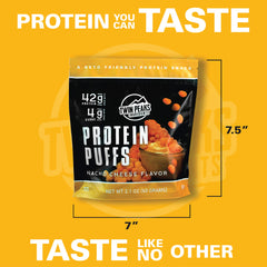 Twin Peaks Protein Puffs Nacho Cheese nutrition panel visible for keto-friendly snacking.
