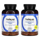 Twinlab Magnesium Caps bottle front highlighting high absorption magnesium for leg cramps support.